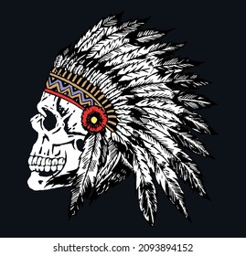 Skull illustration with Indian headdress. Art for prints on t-shirts, posters, etc...