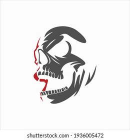 skull illustration logo with red side