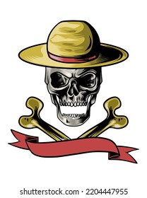 Logo der Schädel-Illustration mit rundem Hut und Knochengegenstand