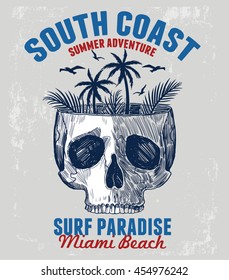 Skull illustration with Miami typography for t-shirt print , vector illustration.