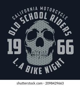 ilustración del cráneo con tipografía de motocicleta. Vector. gráficos de camisetas