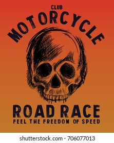 skull illustration with motorcycle typography. Vector. t shirt graphics