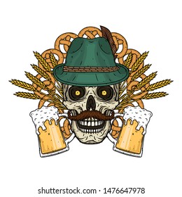 Skull. Illustration for oktoberfest. Skull in Tyrolean hat, with ears of wheat and glass of beer