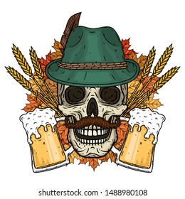 Skull. Illustration for oktoberfest. Skull in Tyrolean hat, with ears of wheat and glass of beer