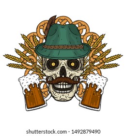 Skull. Illustration for oktoberfest. Skull in Tyrolean hat, with ears of wheat and glass of beer