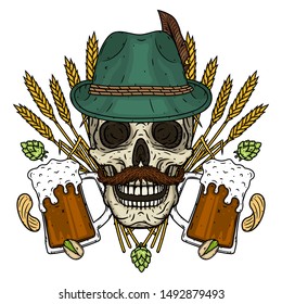 Skull. Illustration for oktoberfest. Skull in Tyrolean hat, with ears of wheat and glass of beer