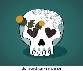 Skull illustration on turquoise background with heart-shaped eyes and flowers growing out of eye