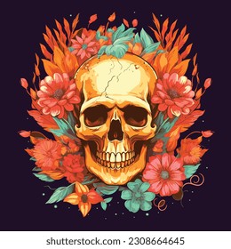 Skull illustration painting with flowers