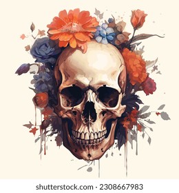 Pintura de ilustraciones de cráneo con flores