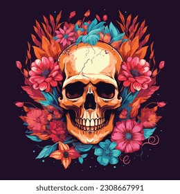 Skull illustration painting with flowers