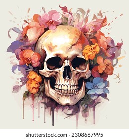 Skull illustration painting with flowers