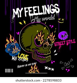Skull illustration with positive slogan. Vector graphic design for t-shirt.