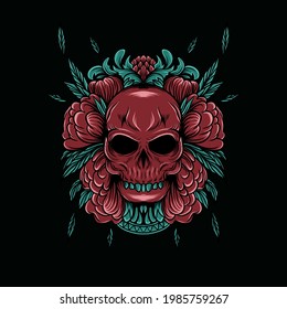 skull illustration with rose flower