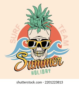 Skull illustration with summer slogan. Vector graphic design for t-shirt.