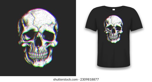 Skull illustration for t-shirt design. Colorful cyber style or glitch effect skull for t shirt print. Graphics for tee shirt and apparel. Vector.