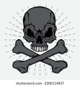 skull illustration vector design on sunburst background