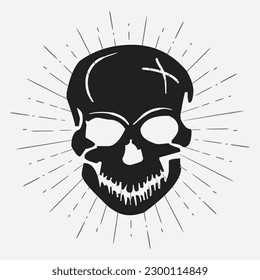 skull illustration vector design on sunburst background