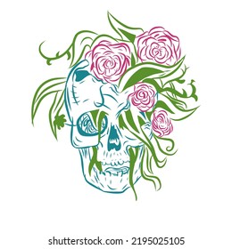 skull illustration or vector with flowers on a white background 