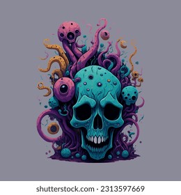 skull illustration, vector zombie, in hand drawn style, vector cartoon monster, unique vector, great for wallpaper or t shirt design.