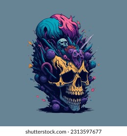 skull illustration, vector zombie, in hand drawn style, vector cartoon monster, unique vector, great for wallpaper or t shirt design.