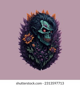 skull illustration, vector zombie, in hand drawn style, vector cartoon monster, unique vector, great for wallpaper or t shirt design.