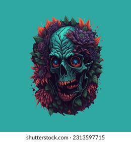 skull illustration, vector zombie, in hand drawn style, vector cartoon monster, unique vector, great for wallpaper or t shirt design.