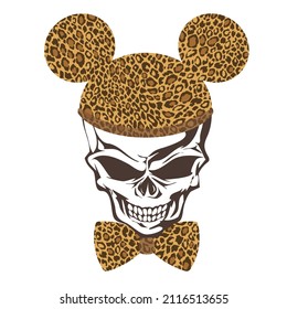 Skull illustration wearing a unique animal print hat,