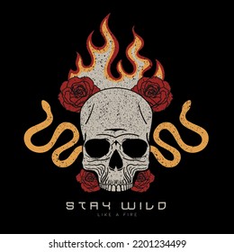 Skull illustration with wild slogan. Vector graphic design for t-shirt.