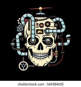 Skull with implanted steampunk elements - pipes, cables, devices, sensors, mechanisms. Vector illustration on a black background.