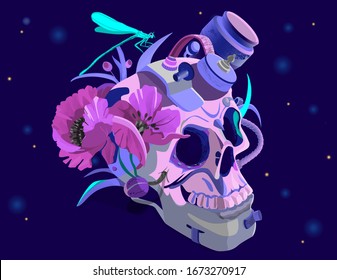 Skull with implanted steampunk elements - tube, devices, sensors, mechanisms. Vector illustration on a blue background.