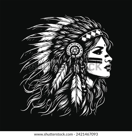 Skull Indian Apache Girl with Traditional Hat Grunge Vintage Style Hand Drawn Illustration Black and White