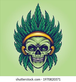 Skull Indian Cannabis Leaf Mascot Vector illustrations for your work Logo  mascot merchandise t  shirt  stickers   Label designs  poster  greeting cards advertising business company brands 
