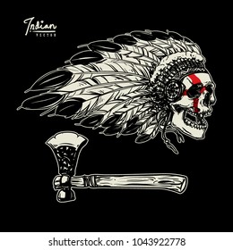 Skull indian chief and axe in hand drawing style