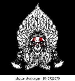 Skull indian chief and axe logo in hand drawing style