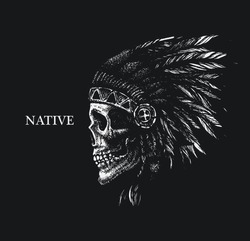 Skull Indian Chief Hand Drawing Style Vector Illustration