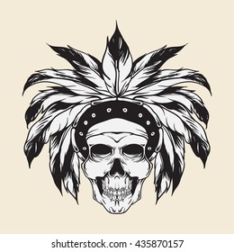 skull indian chief hand drawing vector design element