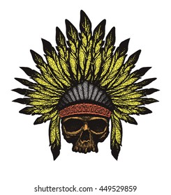 skull indian chief hand drawing style vector illustration