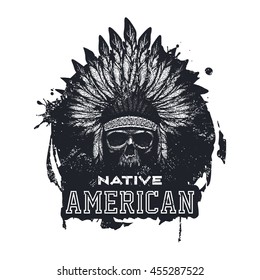 skull indian chief hand drawing style vector illustration