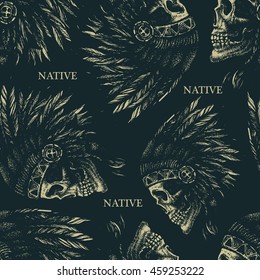 skull indian chief hand drawing style seamless background vector illustration