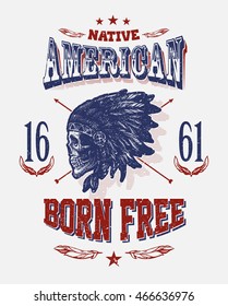 skull indian chief hand drawing style t-shirt design vector illustration
