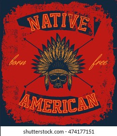skull indian chief hand drawing style vector illustration