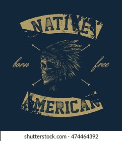 skull indian chief hand drawing style vector illustration
