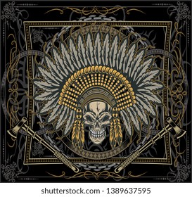 Skull  of Indian. Indian chief tomahawk