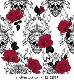 Skull With Indian Feather Hat And Red Roses. Vector Seamless Pattern