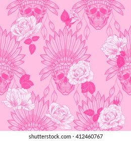 Skull with indian feather hat and roses on a pink background. Vector seamless pattern