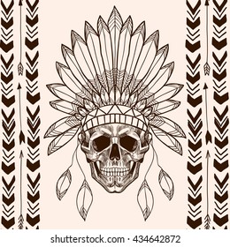 Skull with Indian feather hat. Vector seamless pattern. 