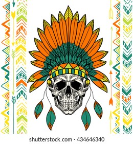 Skull with indian feather hat. Vector seamless pattern. 