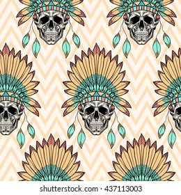 Skull with indian feather hat. Vector seamless pattern. 