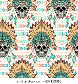 Skull with indian feather hat. Vector seamless pattern. 