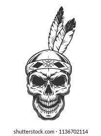 Skull with indian feather. Vector vintage illustration